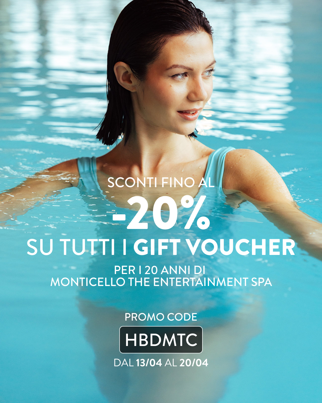 Donna in piscina, promozione Monticello SPA: sconto -20% su gift voucher. Codice promo HBDMTC.