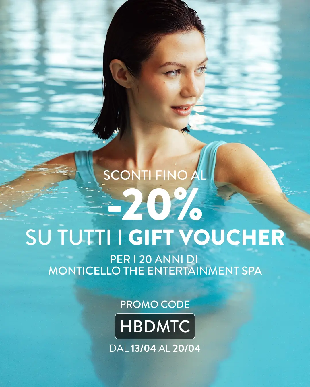 Donna in piscina, promozione Monticello SPA: sconto -20% su gift voucher. Codice promo HBDMTC.