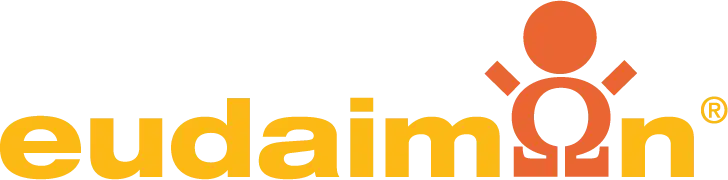 Logo di Eudaimon: "eudaimon" in testo giallo con un'icona arancione a forma di bambino.