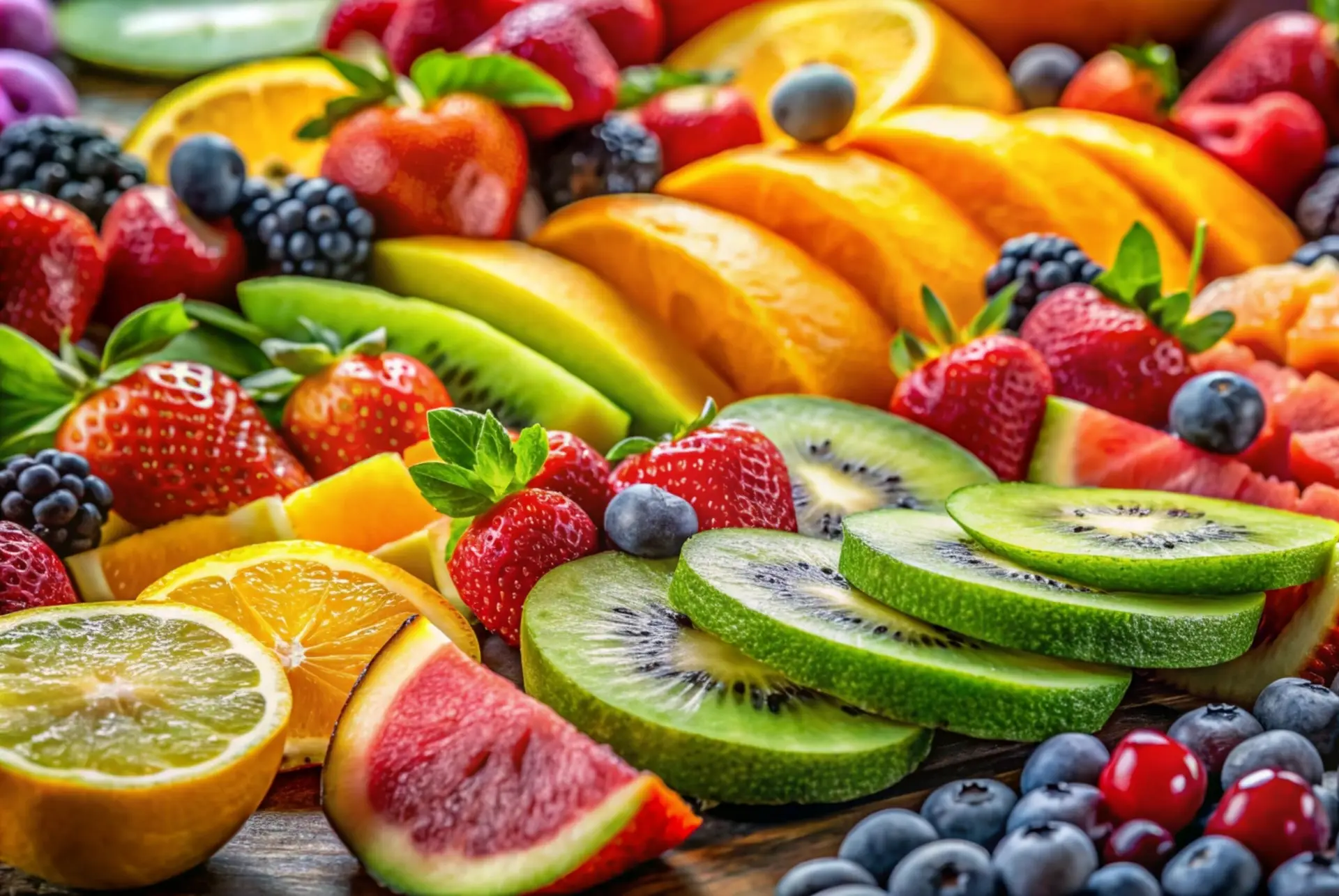 Varietà colorata di frutta fresca, tra cui fragole, kiwi, arance e anguria. Festeggiamenti per la riapertura.